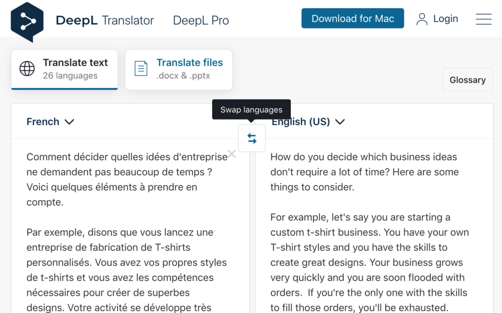 DeepL translation interface with the same text translated from French to English