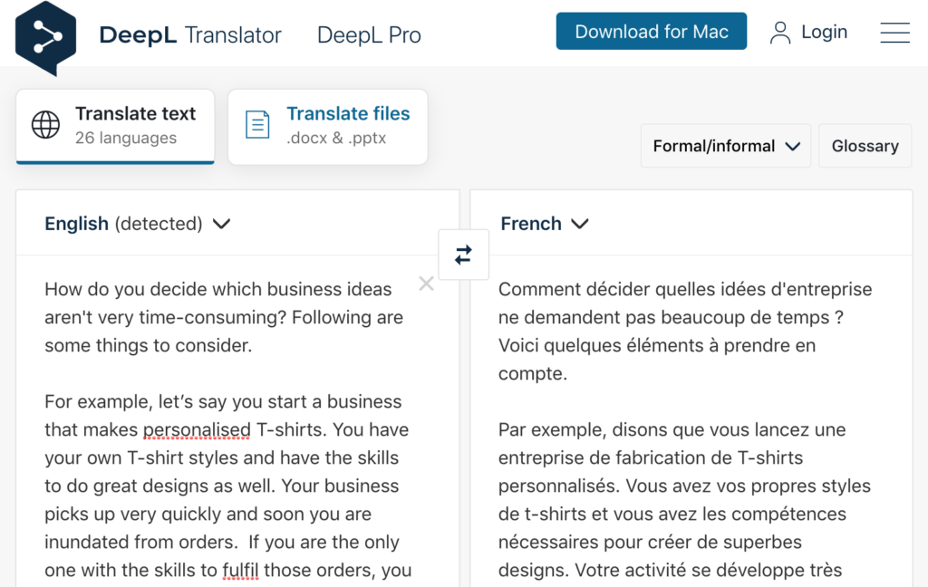 DeepL translation interface with text translated from English to French
